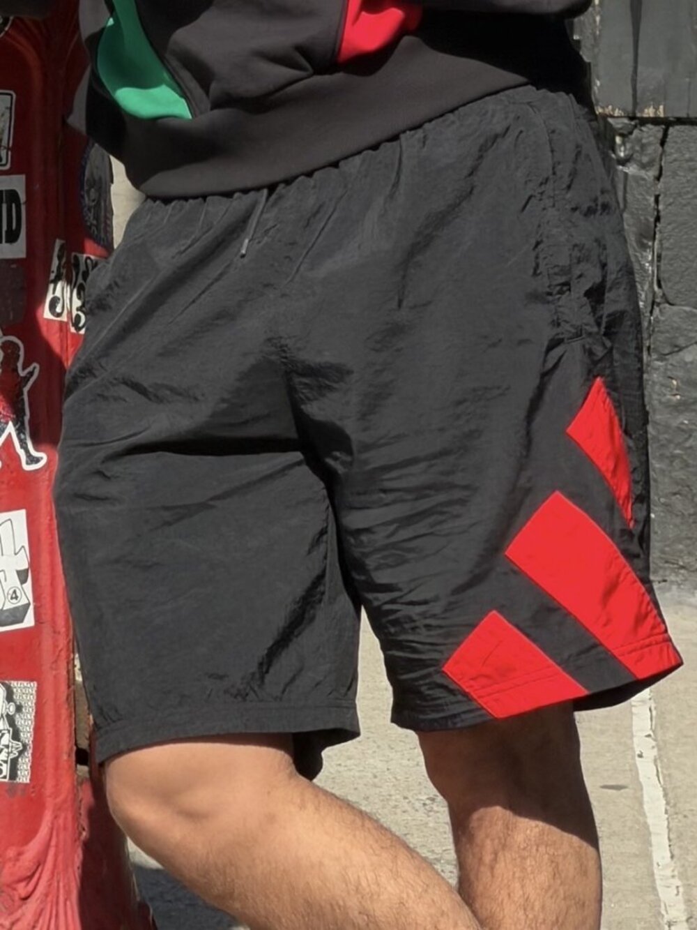 Adidas Size Medium (M) Men's Black Athletic Shorts with Red Stripe Detail - Acti